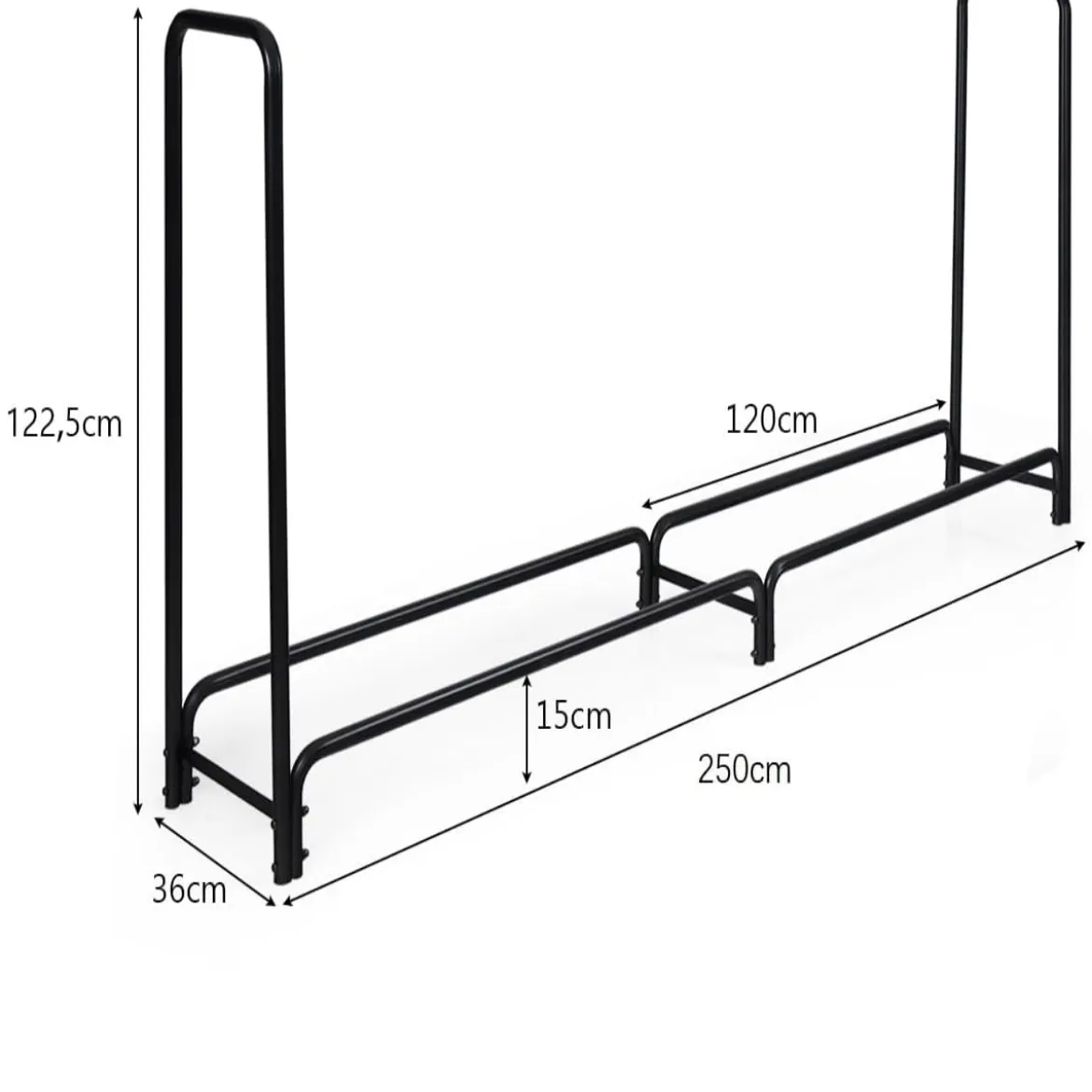 Kaminholzregal Kaminholzständer aus Metall mit Griffe & Sockel 250 x 36 x 122,5 cm Schwarz