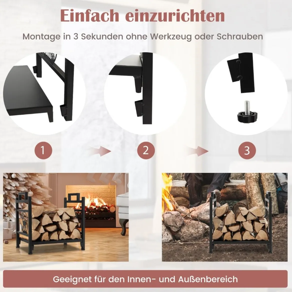 Kaminholzregal Kaminholzständer aus Metall mit Griffen & verstellbaren Fußpolstern 46 x 34 x 45 cm Schwarz