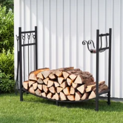 Kaminholzregal Metall mit Vierteiligem Kaminbesteck & Haken 85 x 33 x 77 cm Schwarz