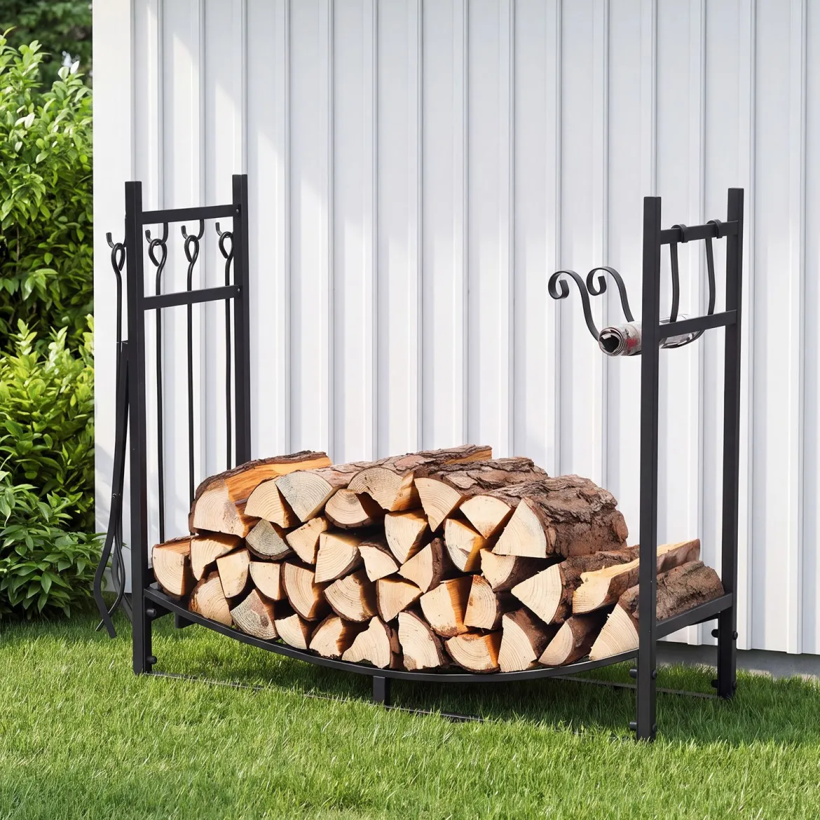 Kaminholzregal Metall mit Vierteiligem Kaminbesteck & Haken 85 x 33 x 77 cm Schwarz