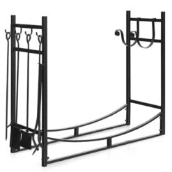 Kaminholzregal Metall mit Vierteiligem Kaminbesteck & Haken 85 x 33 x 77 cm Schwarz
