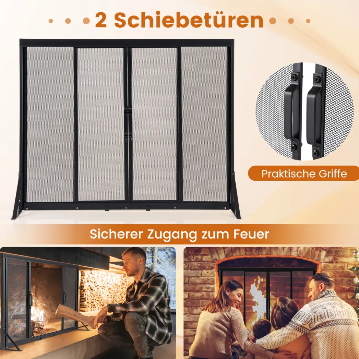Kaminschirm mit Schiebetüren Freistehender Kaminfunkenschutz mit Dreiecksstützrahmen 89 x 72 cm