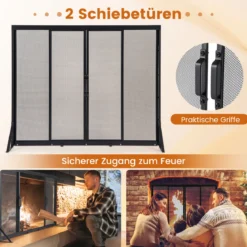 Kaminschirm mit Schiebetüren Freistehender Kaminfunkenschutz mit Dreiecksstützrahmen 96 x 79 cm