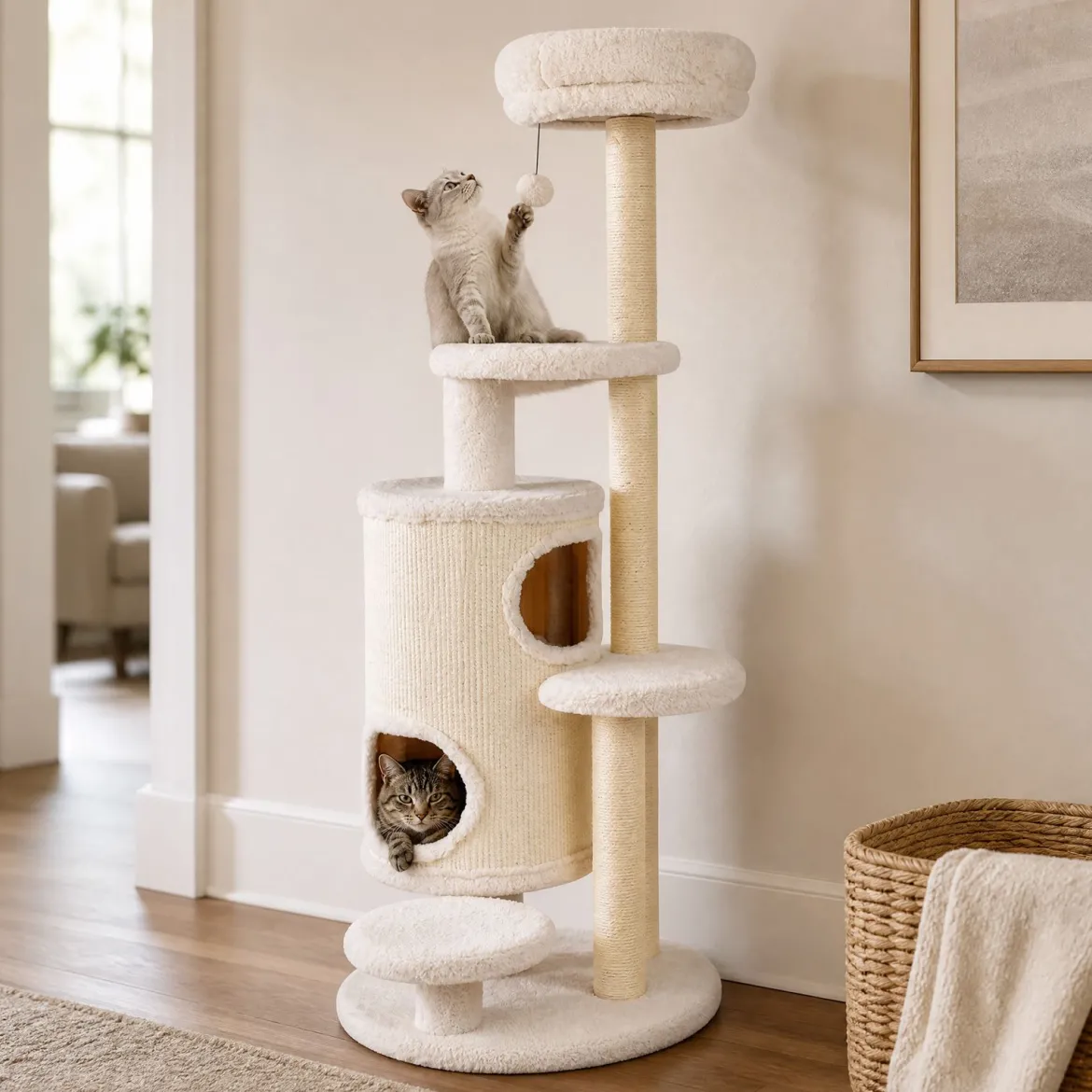 Katzenbaum 150 cm Hoch Kratzbaum mit 6 Ebenen 2 Kaztzenhöhle & Kratzpfosten aus Sisal Weiß