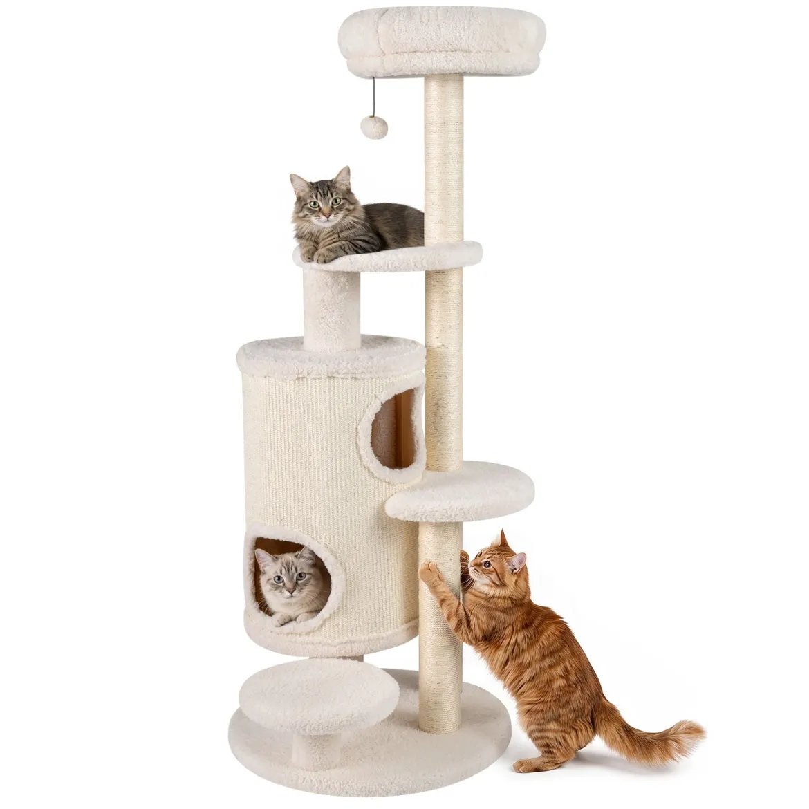 Katzenbaum 150 cm Hoch Kratzbaum mit 6 Ebenen 2 Kaztzenhöhle & Kratzpfosten aus Sisal Weiß