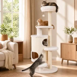 Katzenbaum 150 cm Hoch Kratzbaum mit 6 Ebenen 2 Kaztzenhöhle & Kratzpfosten aus Sisal Weiß