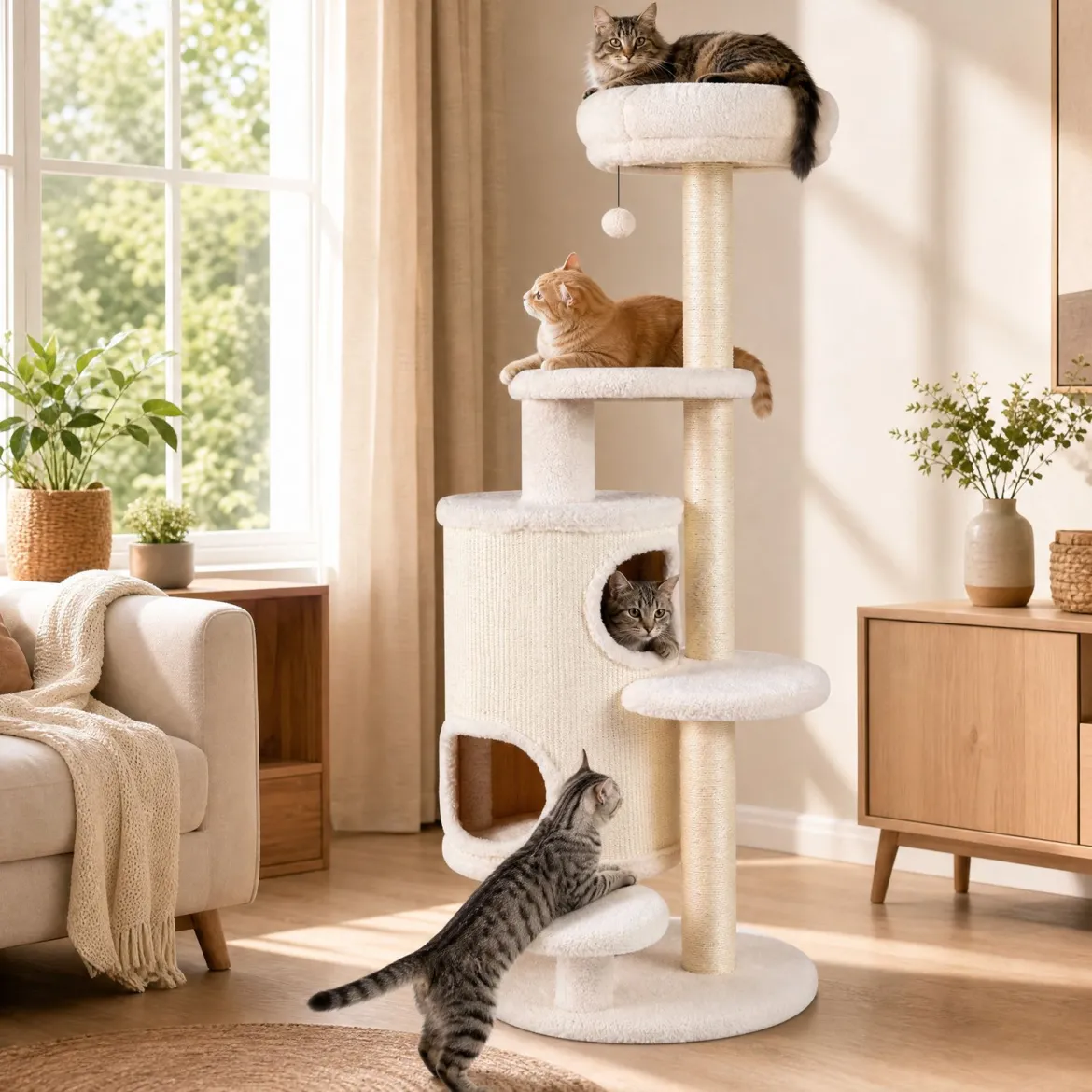 Katzenbaum 150 cm Hoch Kratzbaum mit 6 Ebenen 2 Kaztzenhöhle & Kratzpfosten aus Sisal Weiß
