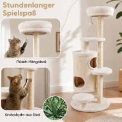 Katzenbaum 150 cm Hoch Kratzbaum mit 6 Ebenen 2 Kaztzenhöhle & Kratzpfosten aus Sisal Weiß