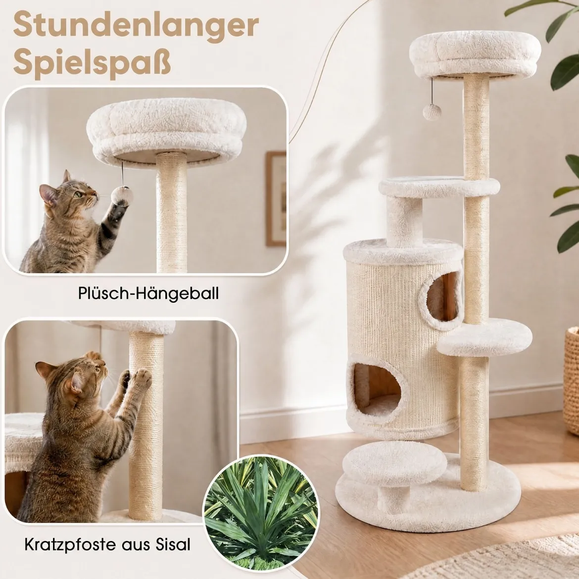 Katzenbaum 150 cm Hoch Kratzbaum mit 6 Ebenen 2 Kaztzenhöhle & Kratzpfosten aus Sisal Weiß