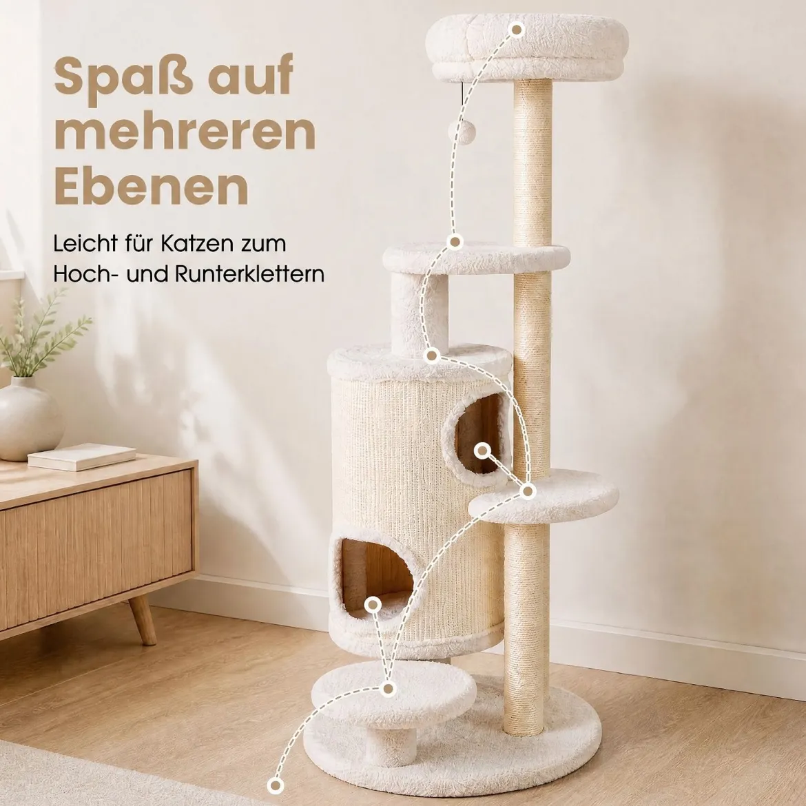 Katzenbaum 150 cm Hoch Kratzbaum mit 6 Ebenen 2 Kaztzenhöhle & Kratzpfosten aus Sisal Weiß