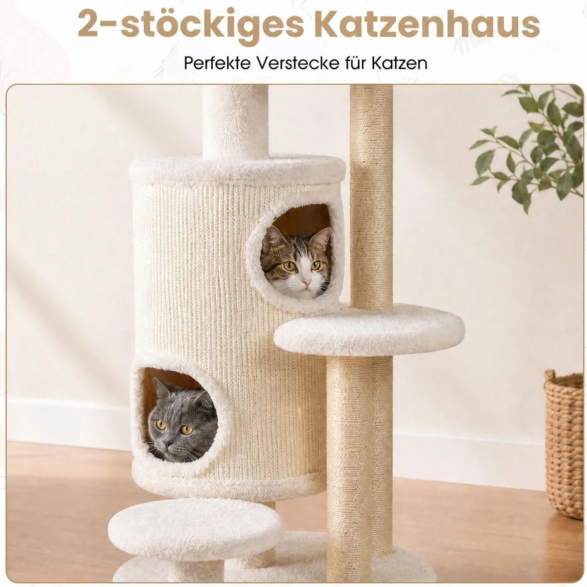 Katzenbaum 150 cm Hoch Kratzbaum mit 6 Ebenen 2 Kaztzenhöhle & Kratzpfosten aus Sisal Weiß