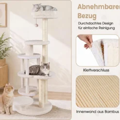 Katzenbaum 150 cm Hoch Kratzbaum mit 6 Ebenen 2 Kaztzenhöhle & Kratzpfosten aus Sisal Weiß