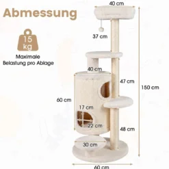 Katzenbaum 150 cm Hoch Kratzbaum mit 6 Ebenen 2 Kaztzenhöhle & Kratzpfosten aus Sisal Weiß