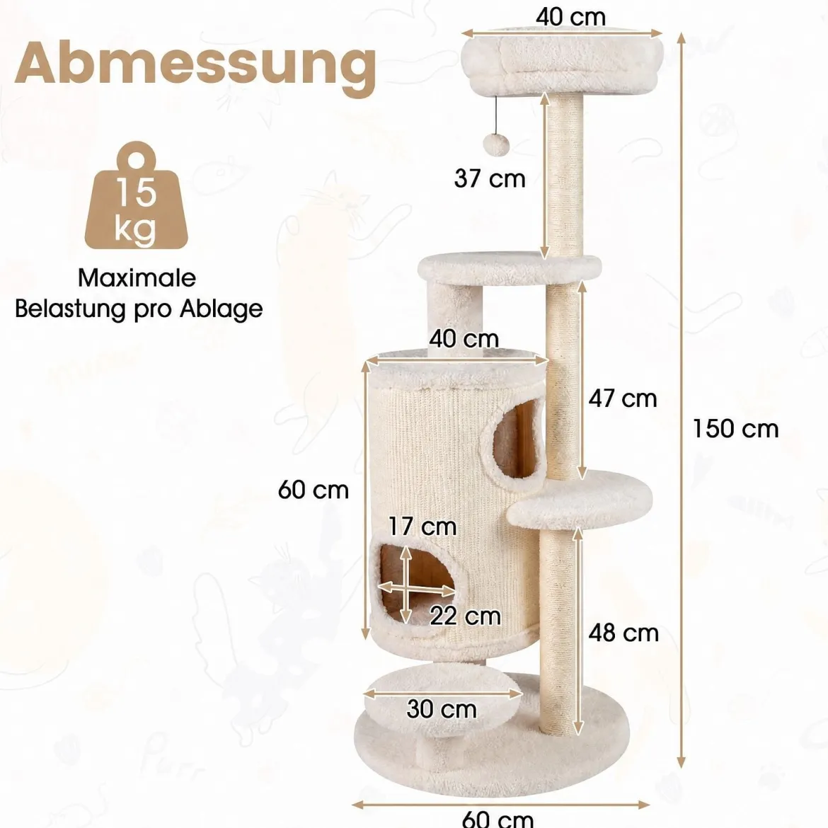 Katzenbaum 150 cm Hoch Kratzbaum mit 6 Ebenen 2 Kaztzenhöhle & Kratzpfosten aus Sisal Weiß