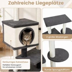 Katzenbaum 99 cm Kratzbaum mit Katzhaus Kratzbrett Sisalpfosten & Breitem Sockel Grau