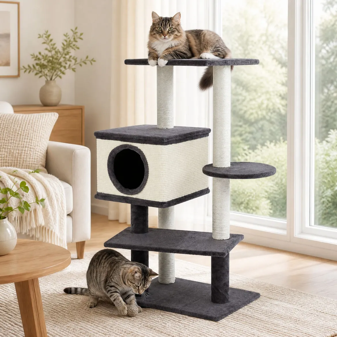 Katzenbaum 99 cm Kratzbaum mit Katzhaus Kratzbrett Sisalpfosten & Breitem Sockel Grau