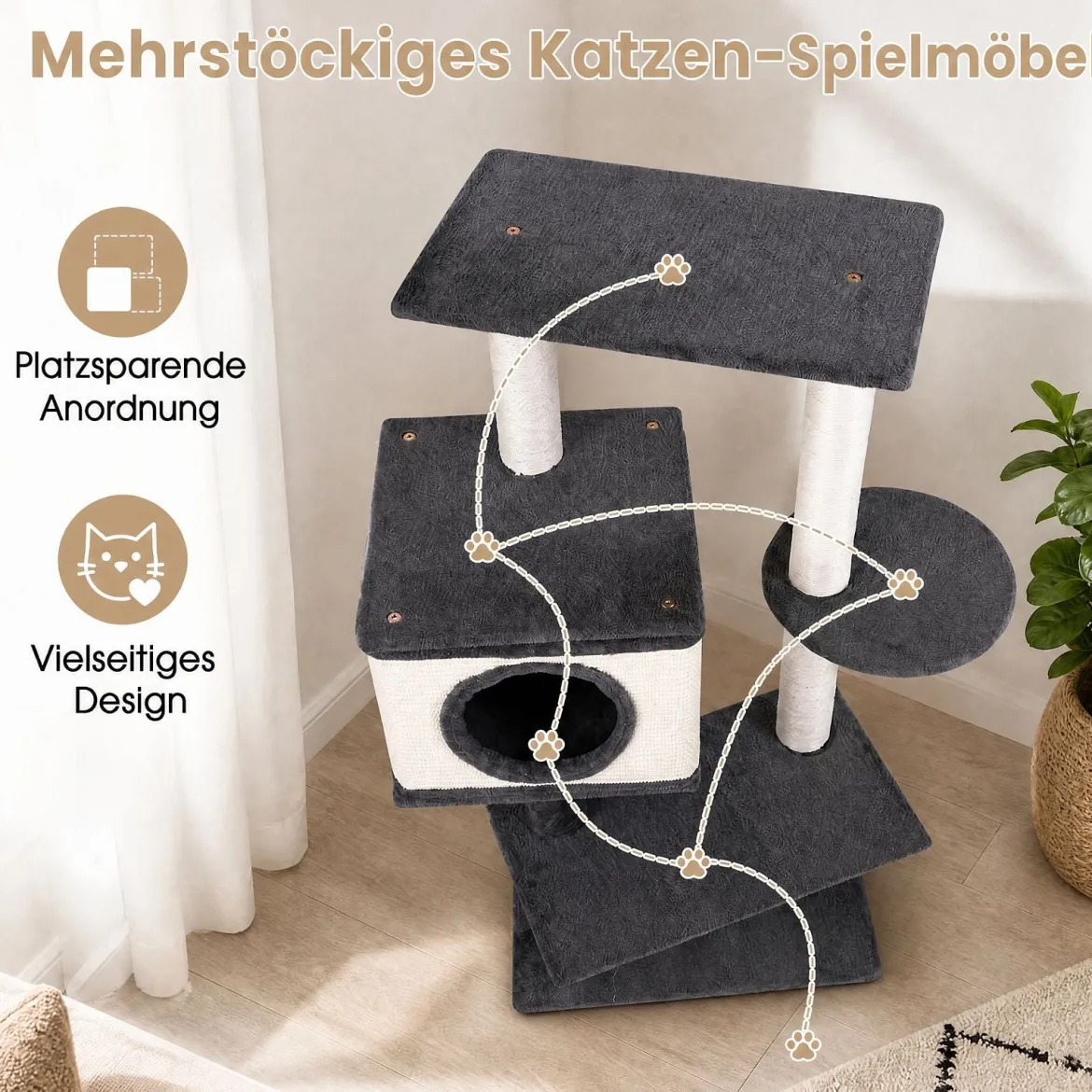 Katzenbaum 99 cm Kratzbaum mit Katzhaus Kratzbrett Sisalpfosten & Breitem Sockel Grau
