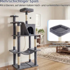 Katzenbaum 158cm Mehrstöckig Aussichtsplatz Höhle Hängematte Sisal-Kratzpfosten Kletterstand Für Kätzchen Dunkelgrau
