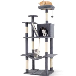 Katzenbaum 158cm Mehrstöckig Aussichtsplatz Höhle Hängematte Sisal-Kratzpfosten Kletterstand Für Kätzchen Dunkelgrau