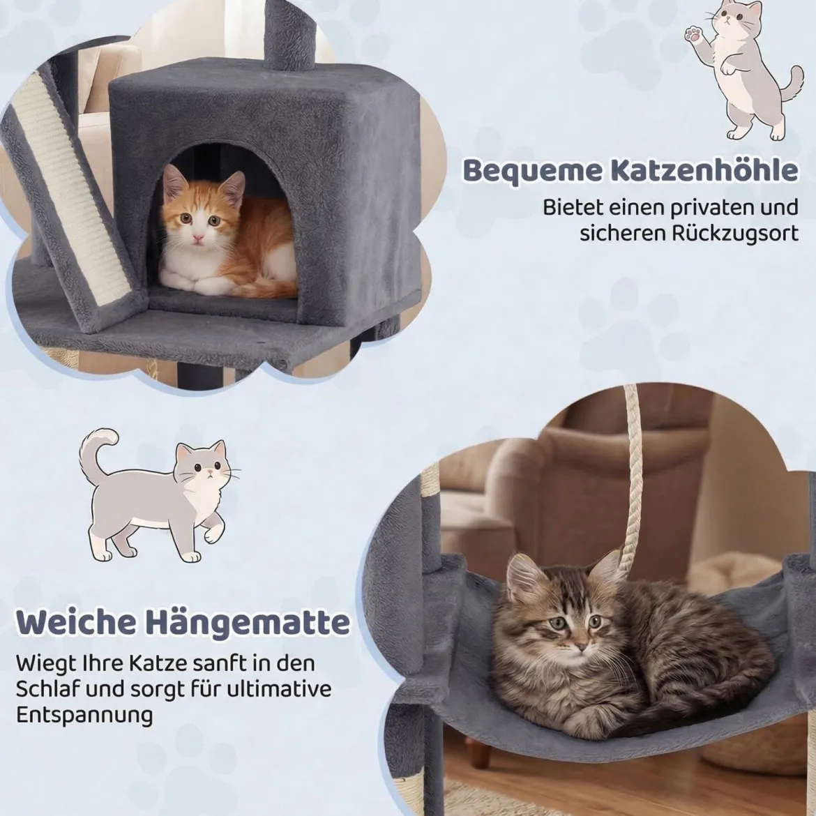 Katzenbaum 158cm Mehrstöckig Aussichtsplatz Höhle Hängematte Sisal-Kratzpfosten Kletterstand Für Kätzchen Dunkelgrau