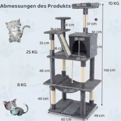 Katzenbaum 158cm Mehrstöckig Aussichtsplatz Höhle Hängematte Sisal-Kratzpfosten Kletterstand Für Kätzchen Dunkelgrau