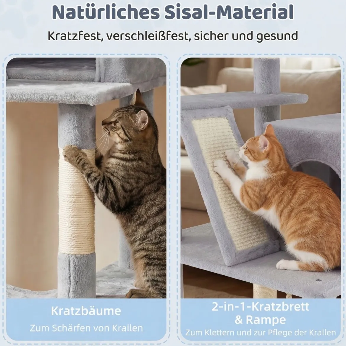 Katzenbaum 158cm Mehrstöckig Mit Aussichtsplatz Höhle Hängematte Sisal Kratzpfosten Kletterstand Für Kätzchen Hellgrau