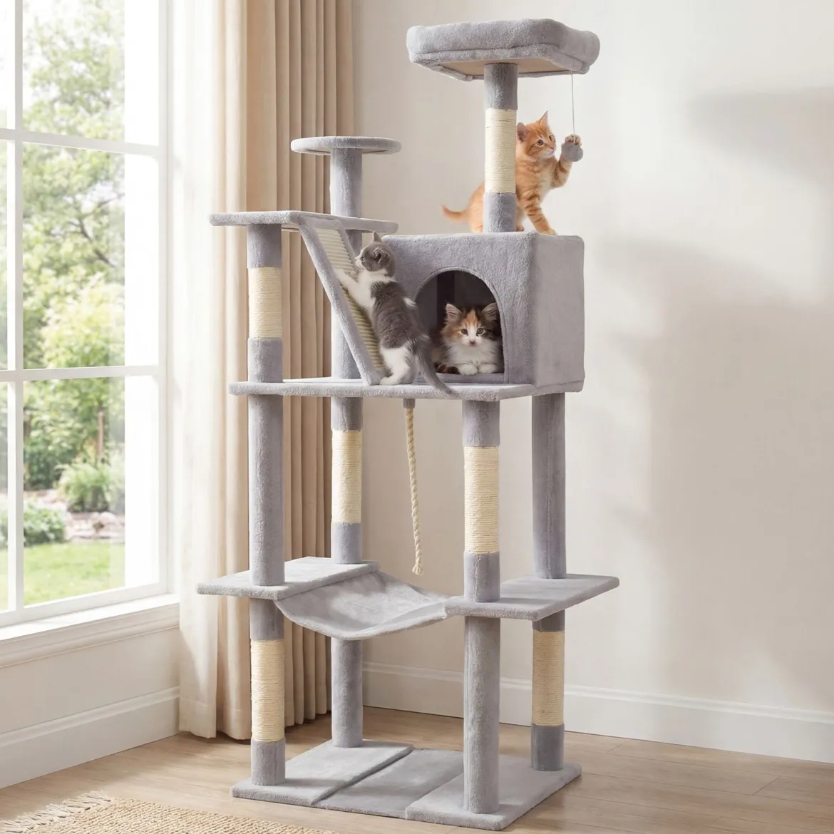 Katzenbaum 158cm Mehrstöckig Mit Aussichtsplatz Höhle Hängematte Sisal Kratzpfosten Kletterstand Für Kätzchen Hellgrau