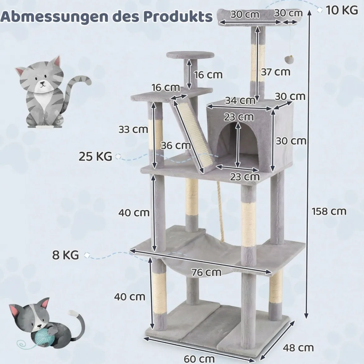 Katzenbaum 158cm Mehrstöckig Mit Aussichtsplatz Höhle Hängematte Sisal Kratzpfosten Kletterstand Für Kätzchen Hellgrau