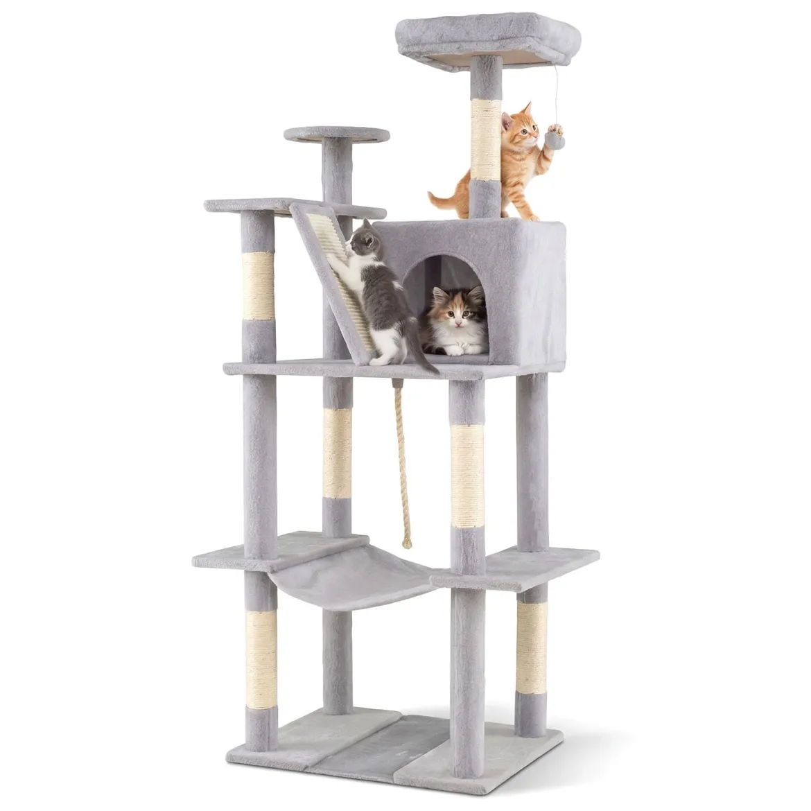 Katzenbaum 158cm Mehrstöckig Mit Aussichtsplatz Höhle Hängematte Sisal Kratzpfosten Kletterstand Für Kätzchen Hellgrau