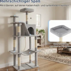 Katzenbaum 158cm Mehrstöckig Mit Aussichtsplatz Höhle Hängematte Sisal Kratzpfosten Kletterstand Für Kätzchen Hellgrau