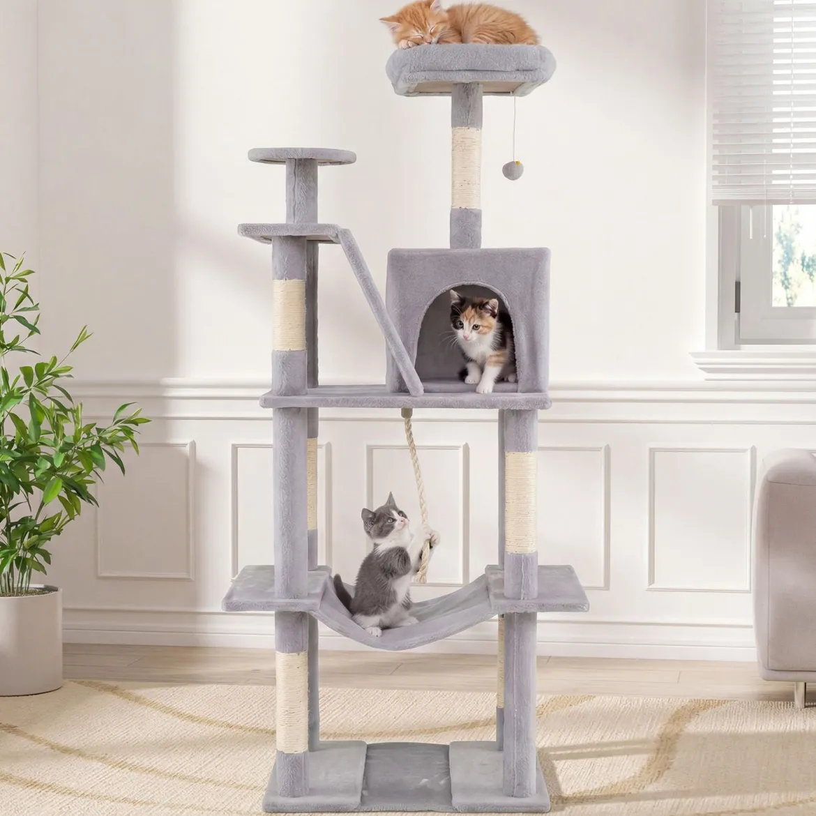 Katzenbaum 158cm Mehrstöckig Mit Aussichtsplatz Höhle Hängematte Sisal Kratzpfosten Kletterstand Für Kätzchen Hellgrau