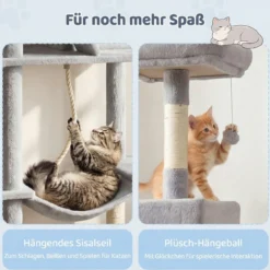 Katzenbaum 158cm Mehrstöckig Mit Aussichtsplatz Höhle Hängematte Sisal Kratzpfosten Kletterstand Für Kätzchen Hellgrau