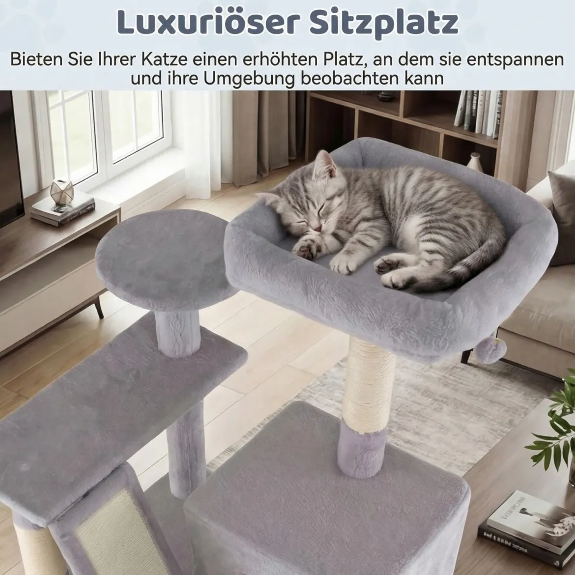 Katzenbaum 158cm Mehrstöckig Mit Aussichtsplatz Höhle Hängematte Sisal Kratzpfosten Kletterstand Für Kätzchen Hellgrau