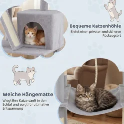 Katzenbaum 158cm Mehrstöckig Mit Aussichtsplatz Höhle Hängematte Sisal Kratzpfosten Kletterstand Für Kätzchen Hellgrau