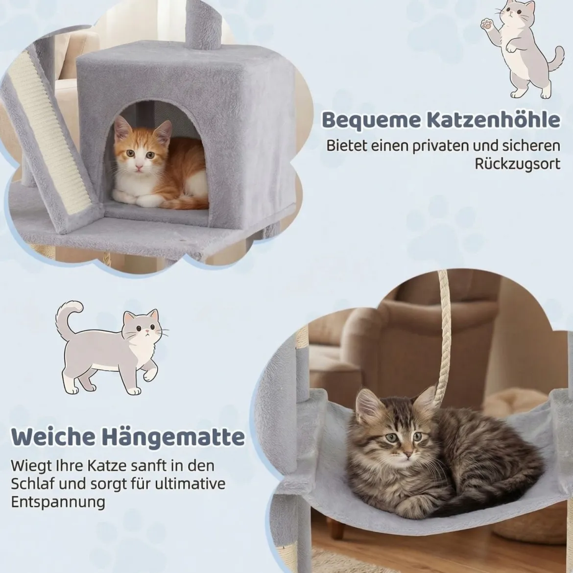 Katzenbaum 158cm Mehrstöckig Mit Aussichtsplatz Höhle Hängematte Sisal Kratzpfosten Kletterstand Für Kätzchen Hellgrau