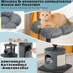 Katzenbaum für drinnen mit gebogenem Metallrahmen Sisal-Kratzbrett 2 Liegeflächen Katzenhöhle 3-Ebenen Katzenaktivitätszentrum Grau