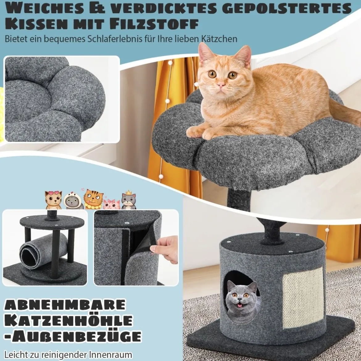Katzenbaum für drinnen mit gebogenem Metallrahmen Sisal-Kratzbrett 2 Liegeflächen Katzenhöhle 3-Ebenen Katzenaktivitätszentrum Grau