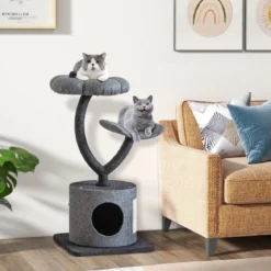 Katzenbaum für drinnen mit gebogenem Metallrahmen Sisal-Kratzbrett 2 Liegeflächen Katzenhöhle 3-Ebenen Katzenaktivitätszentrum Grau