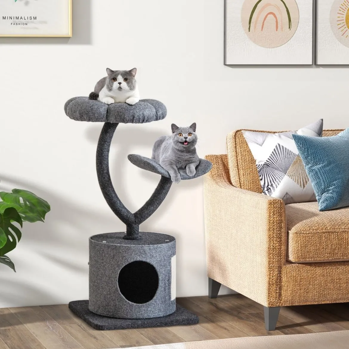 Katzenbaum für drinnen mit gebogenem Metallrahmen Sisal-Kratzbrett 2 Liegeflächen Katzenhöhle 3-Ebenen Katzenaktivitätszentrum Grau