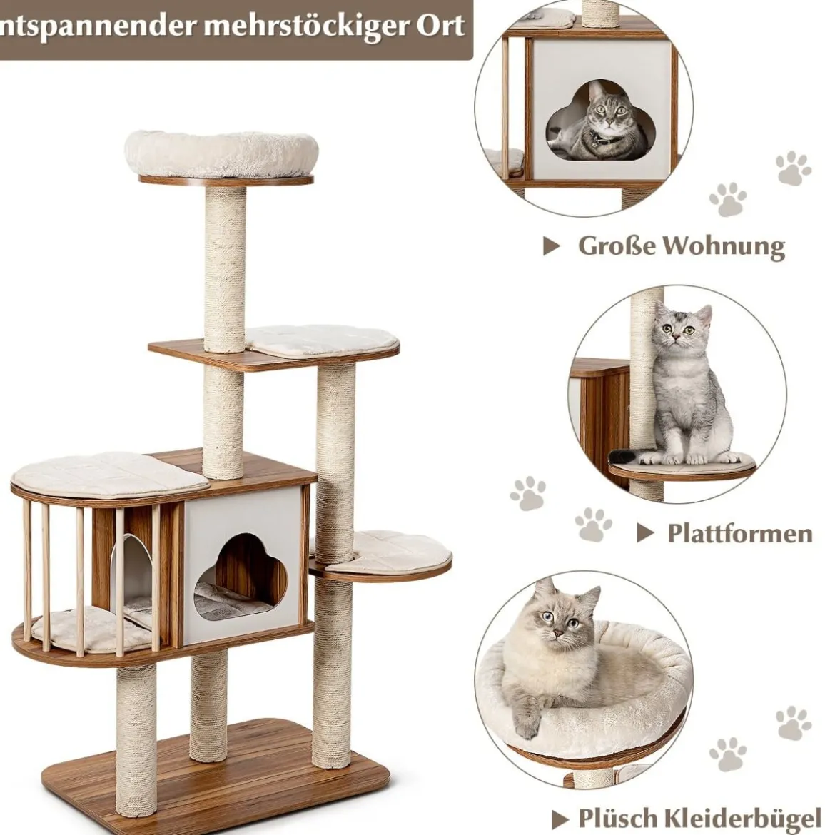 Katzenbaum Katzen Aktivitätsbaum Katzenkratzbaum Kletterbaum 68 x 48 x 142 cm Beige