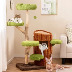 Katzenbaum mit Baumloch-Design & 2 Stöckigem Katzenhaus & Kratzsäulen & Sisal Paneel