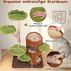 Katzenbaum mit Baumloch-Design & 2 Stöckigem Katzenhaus & Kratzsäulen & Sisal Paneel