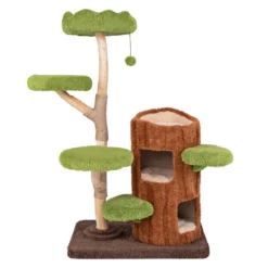Katzenbaum mit Baumloch-Design & 2 Stöckigem Katzenhaus & Kratzsäulen & Sisal Paneel