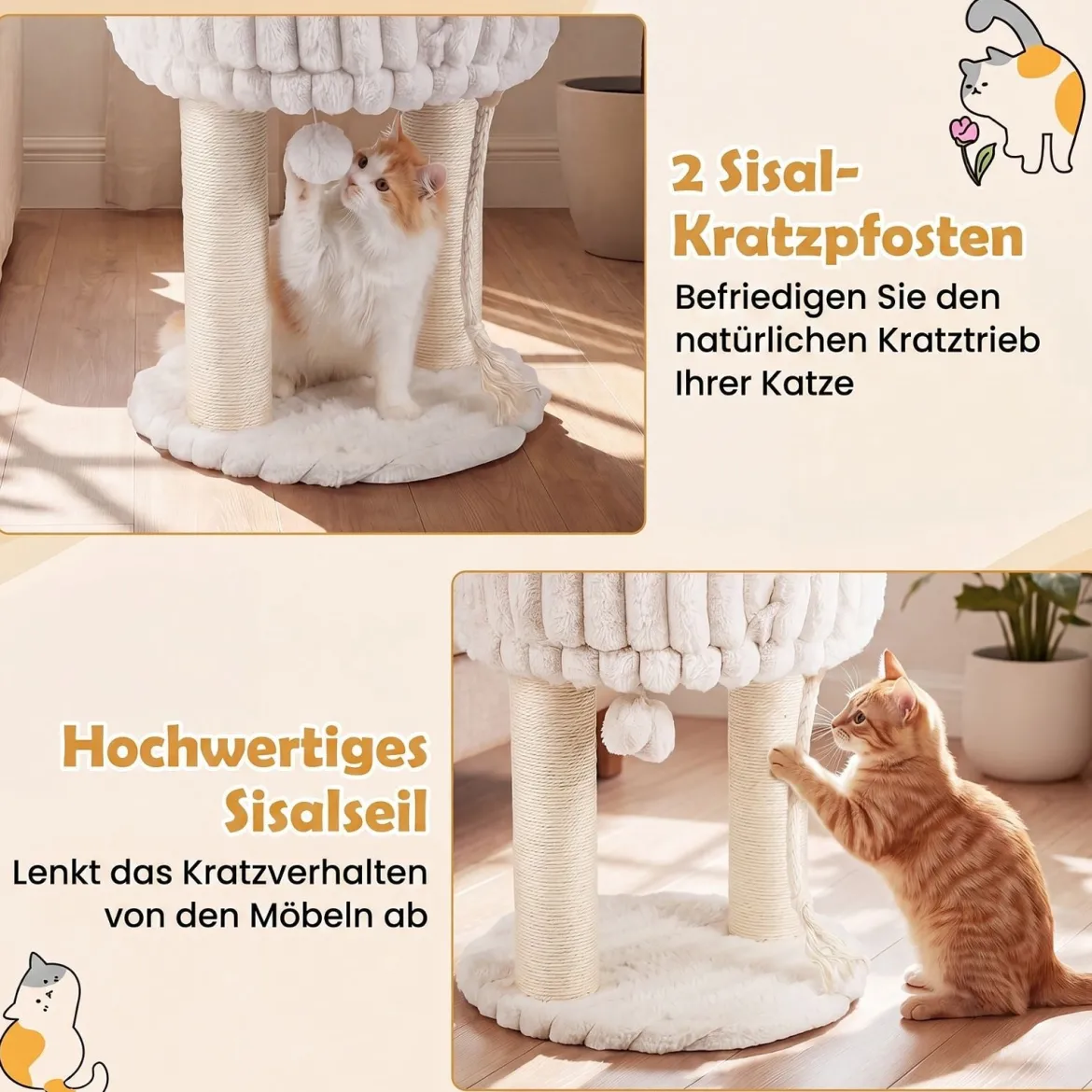 Katzenbaum Plüsch Kratzbaum mit Liegeplattform & Sisalstämmen Kletterturm 40 x 40 x 50,5 cm