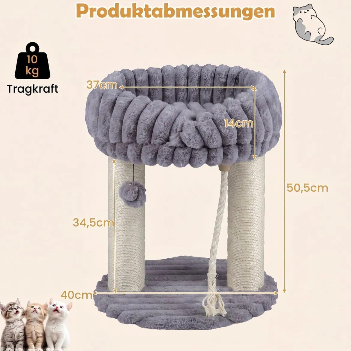 Katzenbaum Plüsch Kratzbaum mit Liegeplattform & Sisalstämmen Kletterturm 40 x 40 x 50,5 cm