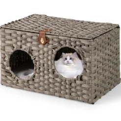 Katzenhaus aus PE-Rattan Klappbar Katzenbett mit abnehmbaren Kissen & abschließbarer Deckel 60 x 35 x 35 cm