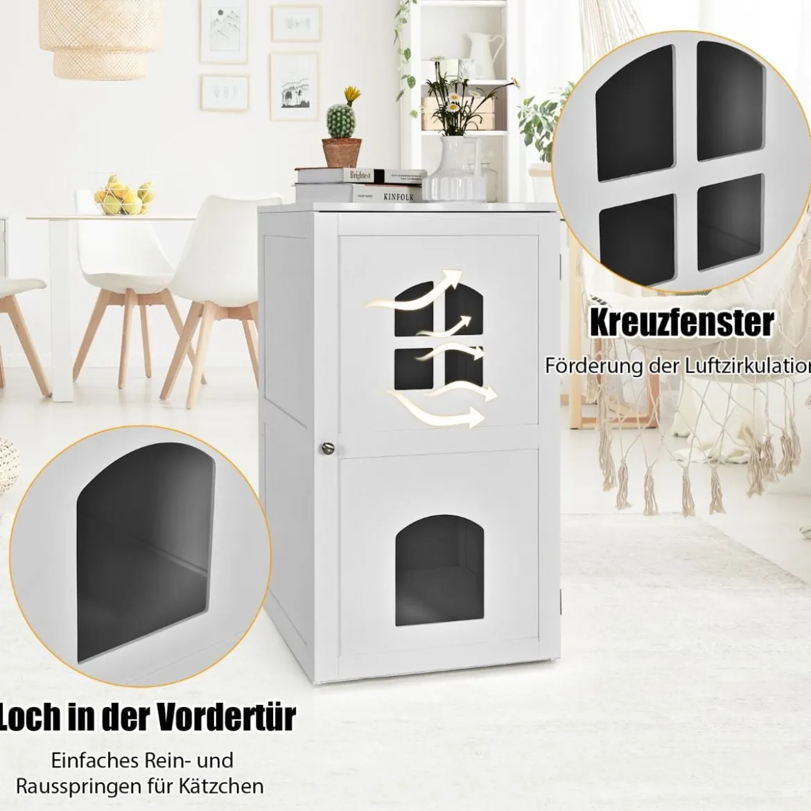 Katzenhaus 2 Ebene Katzenklo mit magnetischer Tür Kleintierhaus Holz Katzentoilette 60x50x90,5cm