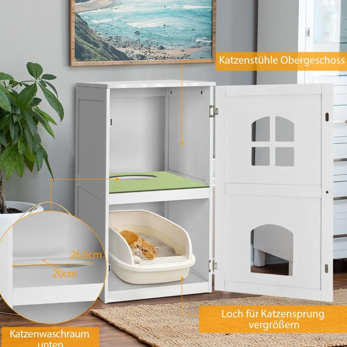 Katzenhaus 2 Ebene Katzenklo mit magnetischer Tür Kleintierhaus Holz Katzentoilette 60x50x90,5cm