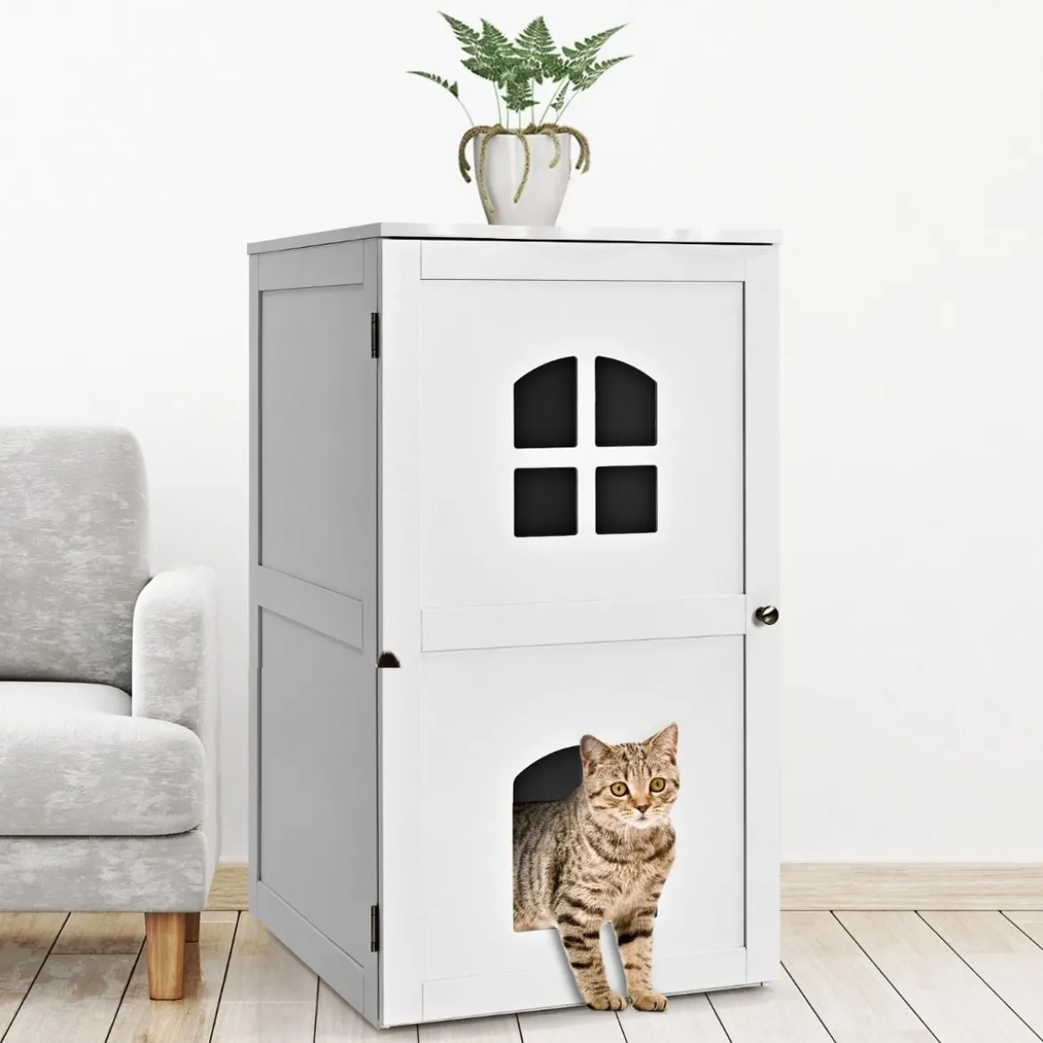 Katzenhaus 2 Ebene Katzenklo mit magnetischer Tür Kleintierhaus Holz Katzentoilette 60x50x90,5cm