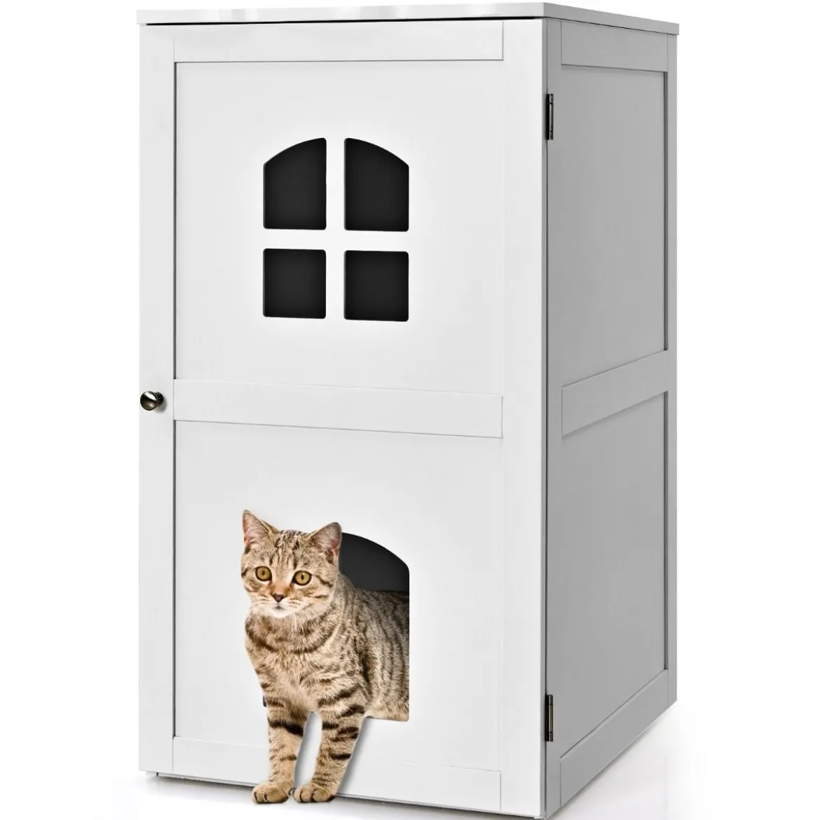 Katzenhaus 2 Ebene Katzenklo mit magnetischer Tür Kleintierhaus Holz Katzentoilette 60x50x90,5cm
